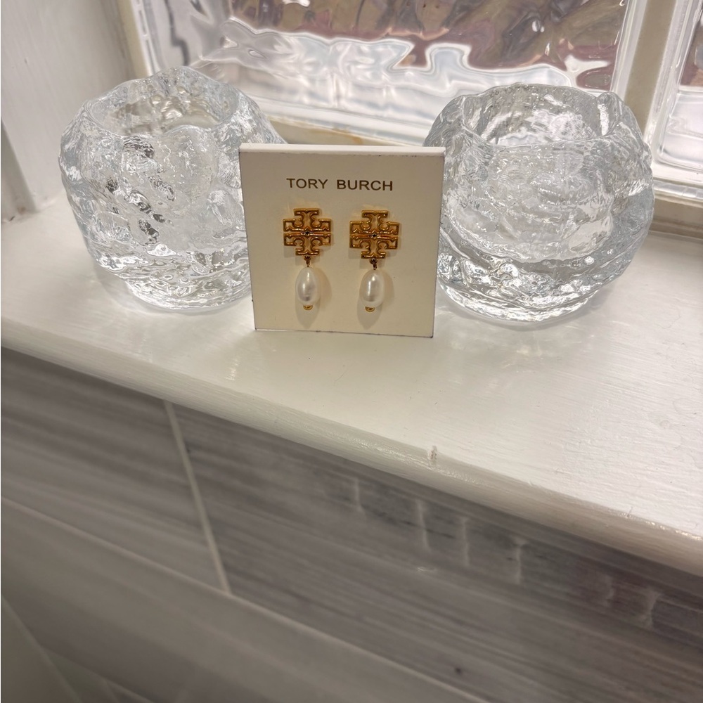 Tory Burch Gold and White Drop Earrings